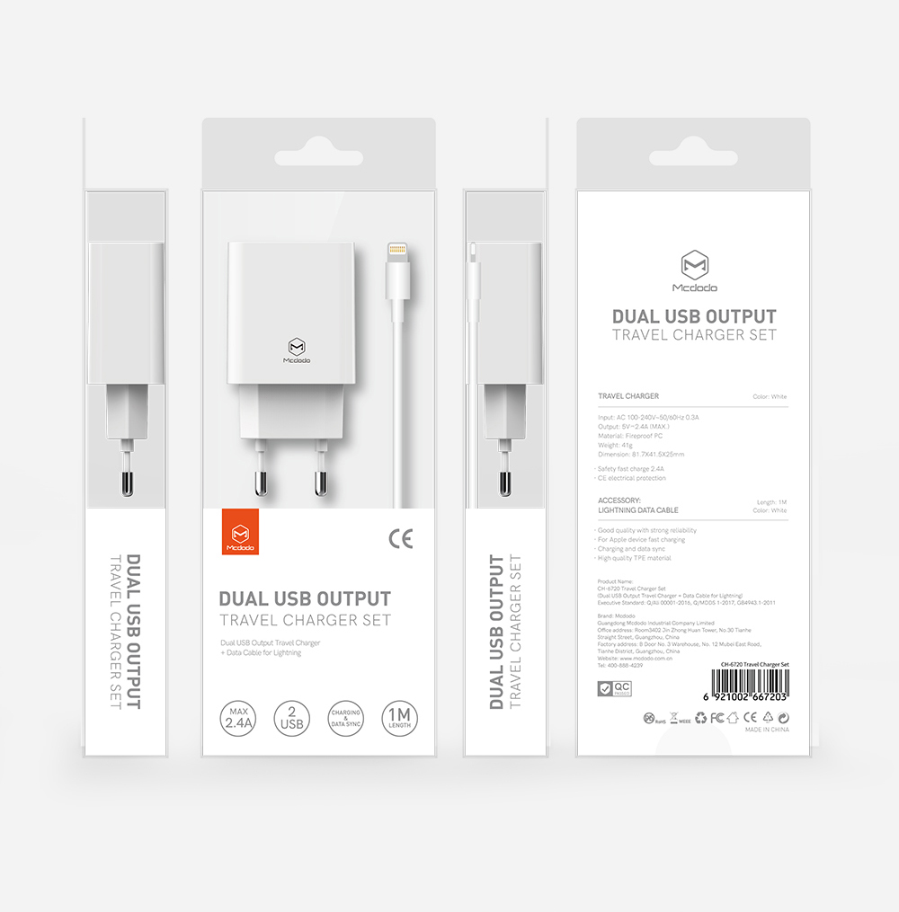 Cargador de pared Mcdodo 2.4A Lightning 1m