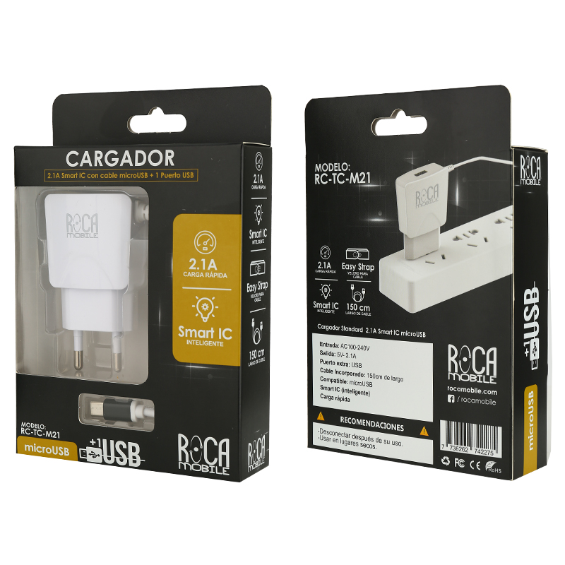 Cargador Inteligente ROCA 2.1A | 2 USB | microUSB