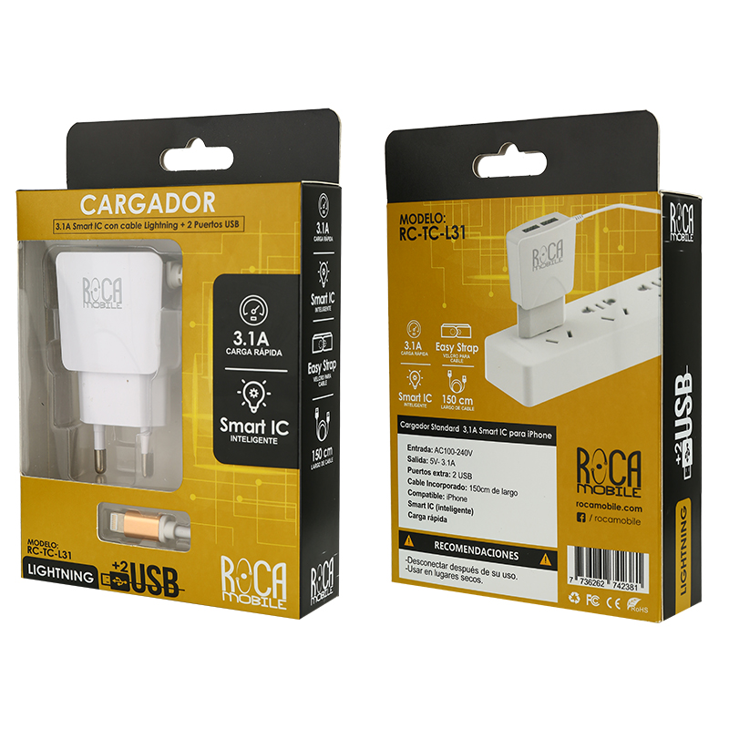 Cargador Inteligente ROCA 3.1A 2 USB Lightning