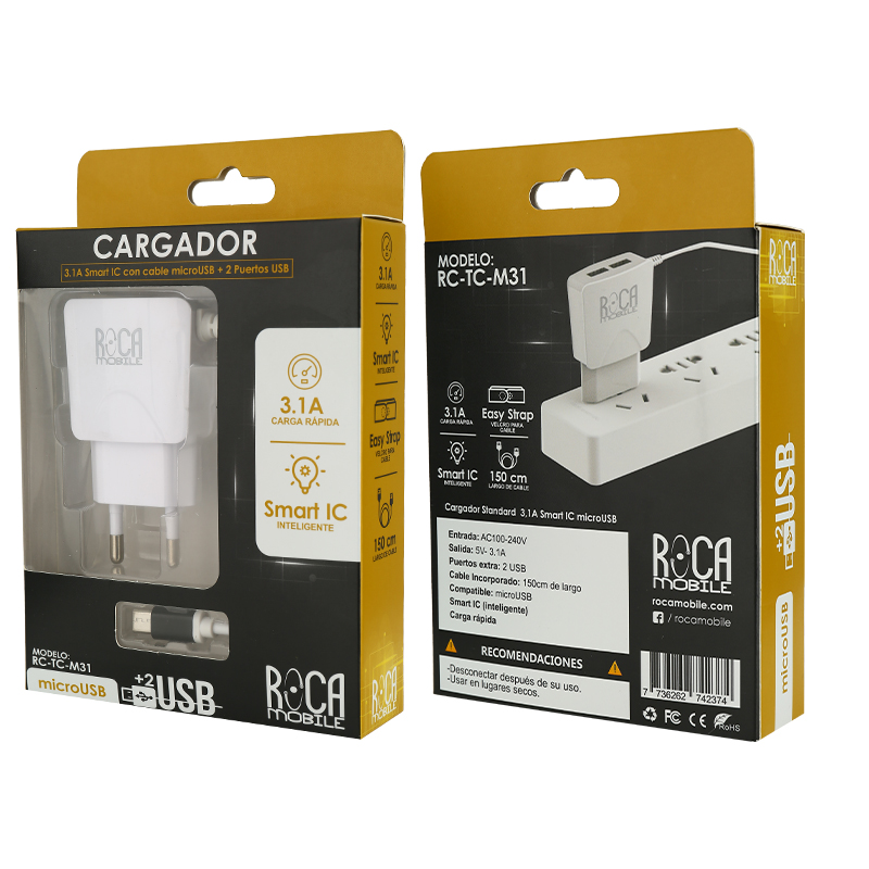 Cargador Inteligente ROCA 3.1A | 2 USB | microUSB