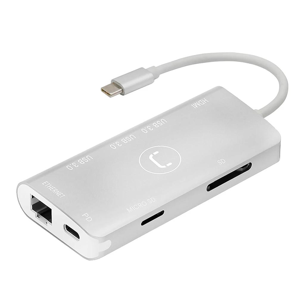 Hub Unno 8en1 Tipo C Hdmi/pd/usb/msd/lan